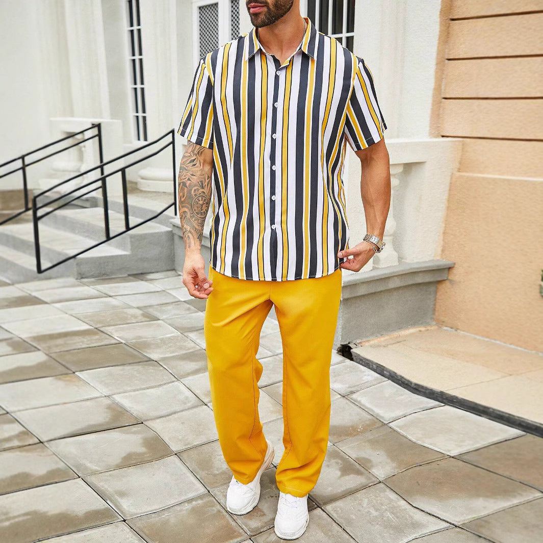 Casual Fashion Striped Short Sleeve Shirt Trousers Suit