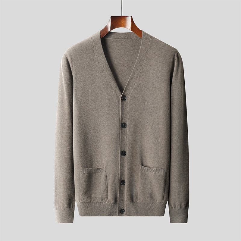 Pure Wool Knit Cardigan Men's Casual V-neck Sweater Coat