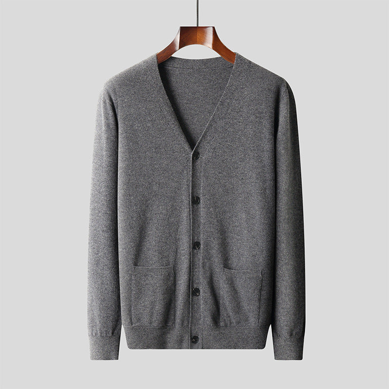 Pure Wool Knit Cardigan Men's Casual V-neck Sweater Coat