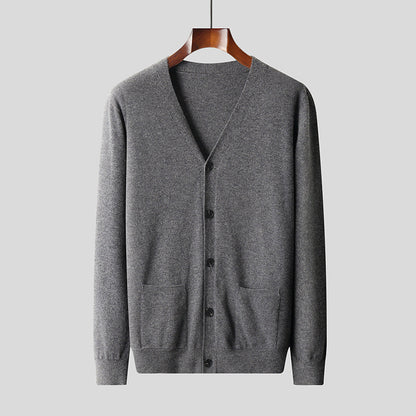 Pure Wool Knit Cardigan Men's Casual V-neck Sweater Coat