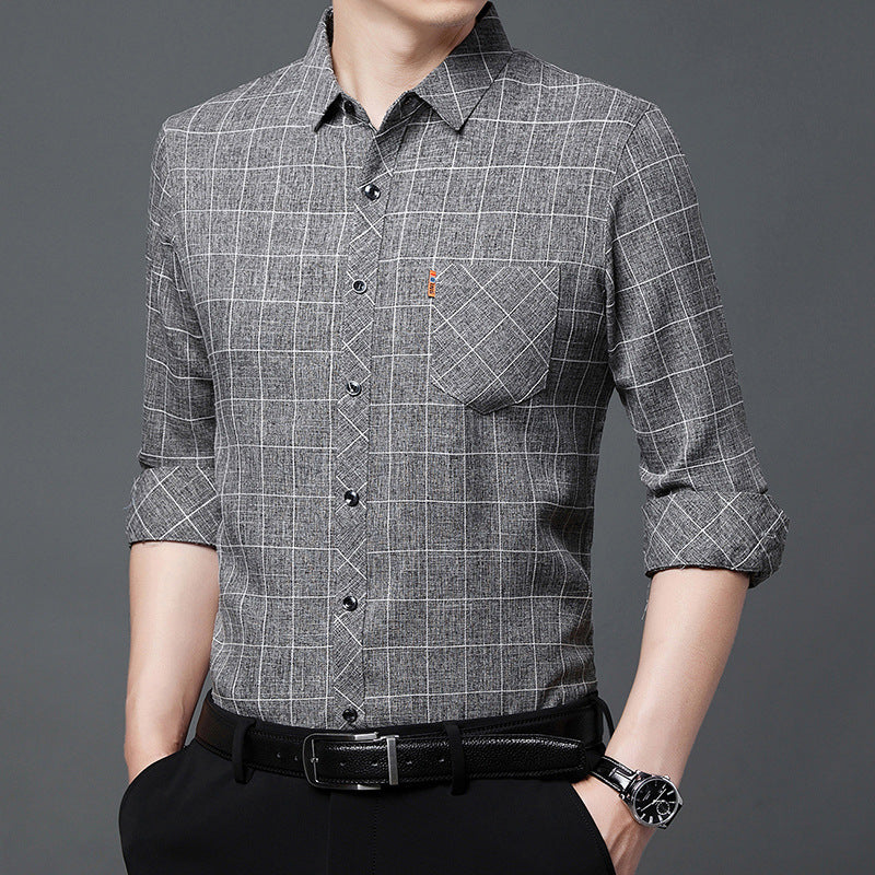 Linen-like Plaid Long-sleeved Shirt For Middle-aged Men