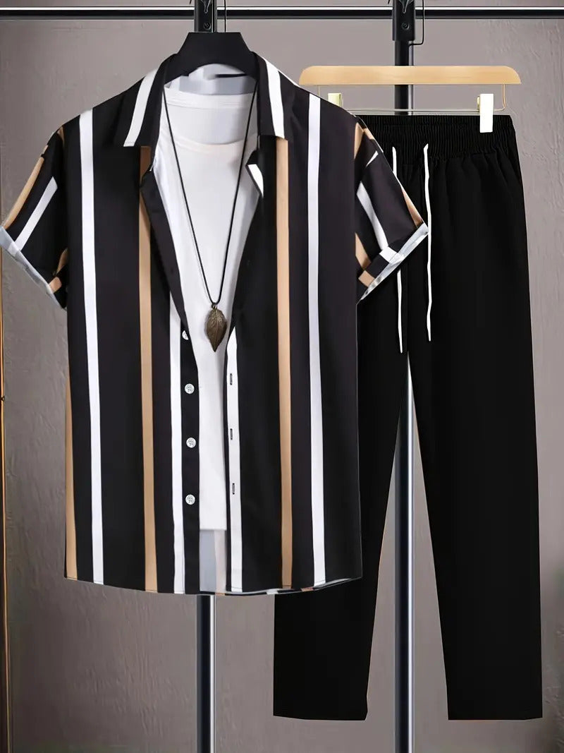 Casual Fashion Striped Short Sleeve Shirt Trousers Suit