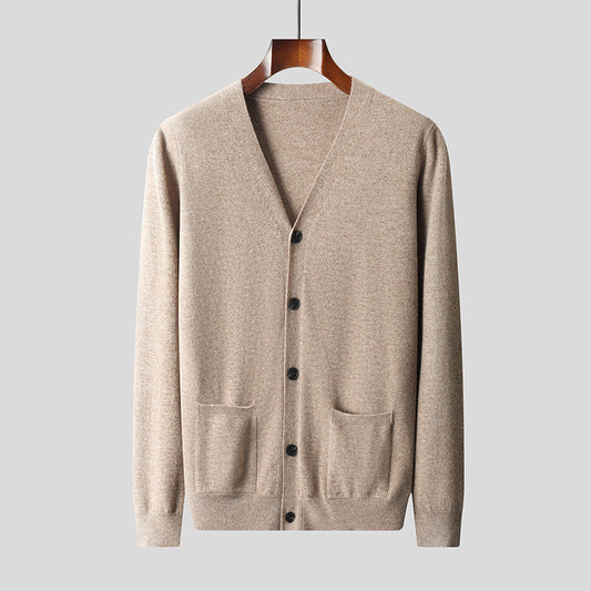 Pure Wool Knit Cardigan Men's Casual V-neck Sweater Coat