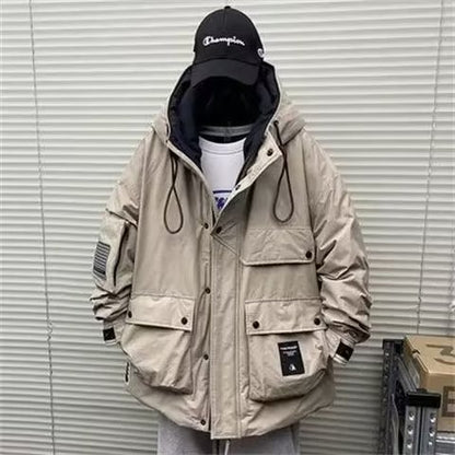 Men's Workwear Multi-pocket Loose Reversing Cotton Jacket Outdoor Hooded Warm