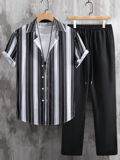 Casual Fashion Striped Short Sleeve Shirt Trousers Suit